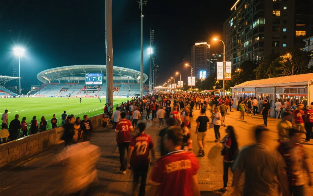 比赛日球场外的城市夜景与球迷街区氛围,体现世界杯对城市经济与公共空间的带动